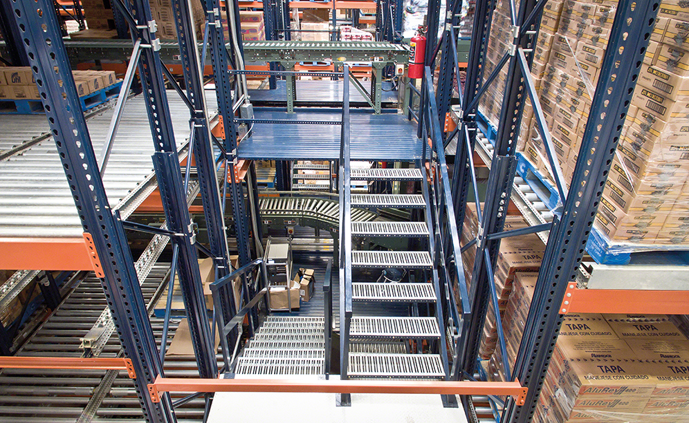 Os operadores acessam os diferentes pisos através de escadas colocadas em ambos os extremos de cada torre de picking