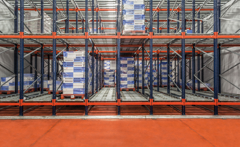 As estantes dinâmicas do armazém da Hemosa, de 5,5 m de altura, possuem uma capacidade de armazenamento para receber 188 paletes